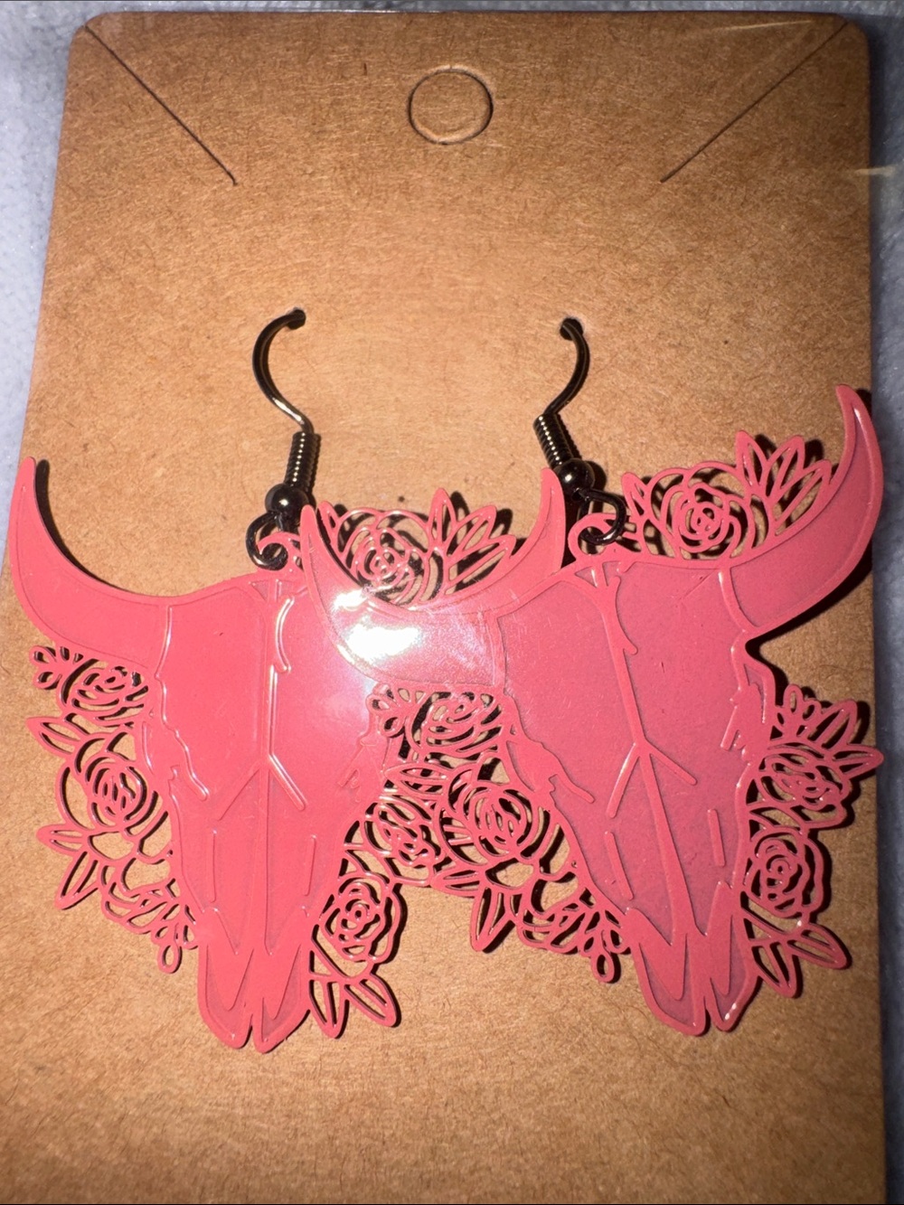 Pink Bull Skull Floral Dangle Earrings - Women Jewelry Earrings